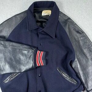 VTG Letterman Jacket Mens 46 XL  Navy Wool Leather Sleeve Varsity Vintage Jock